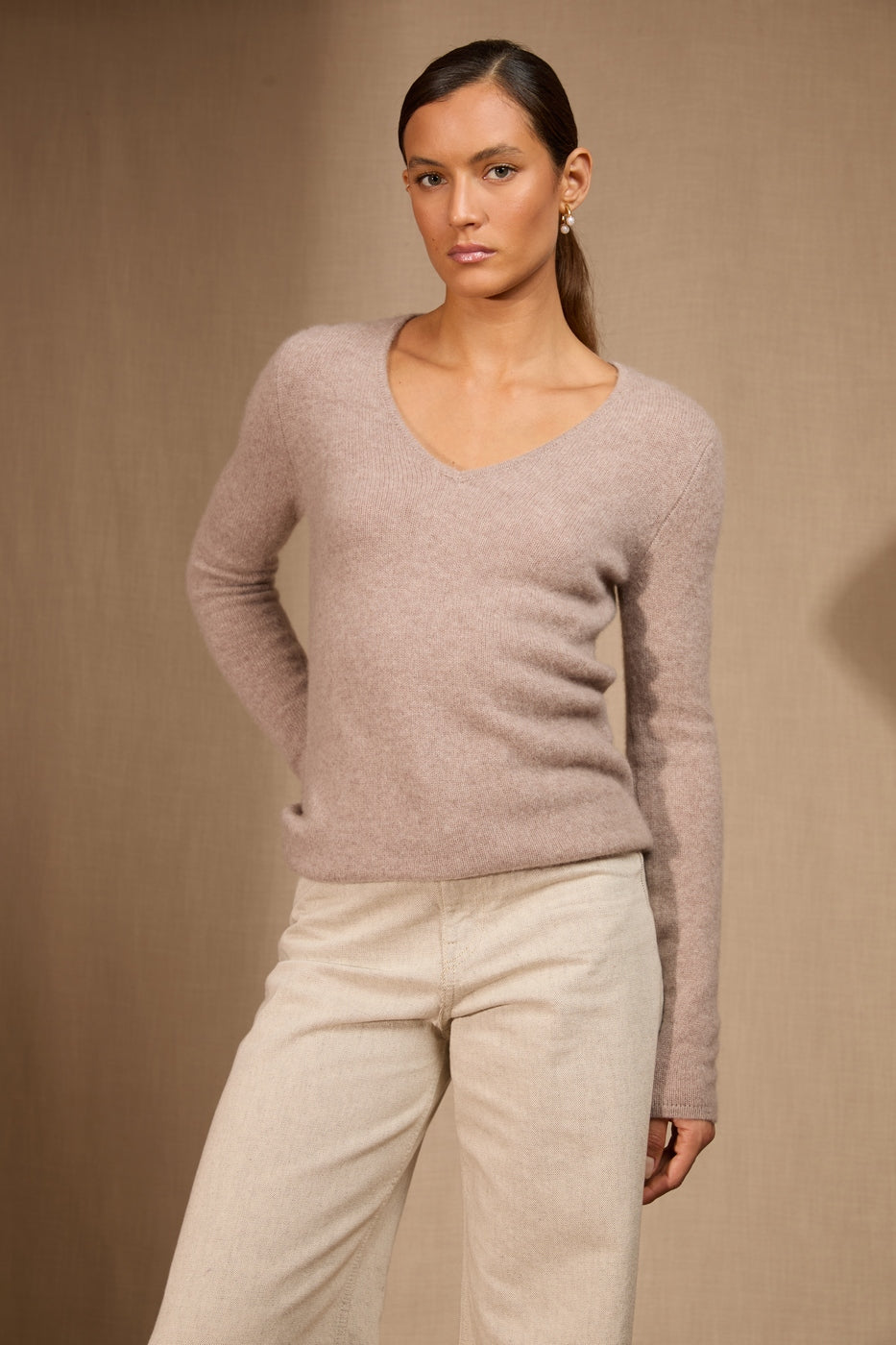 Pull Col V 4 Fils - Gaby - Taupe Clair Chiné