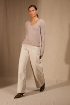 Pull Col V 4 Fils - Gaby - Taupe Clair Chiné