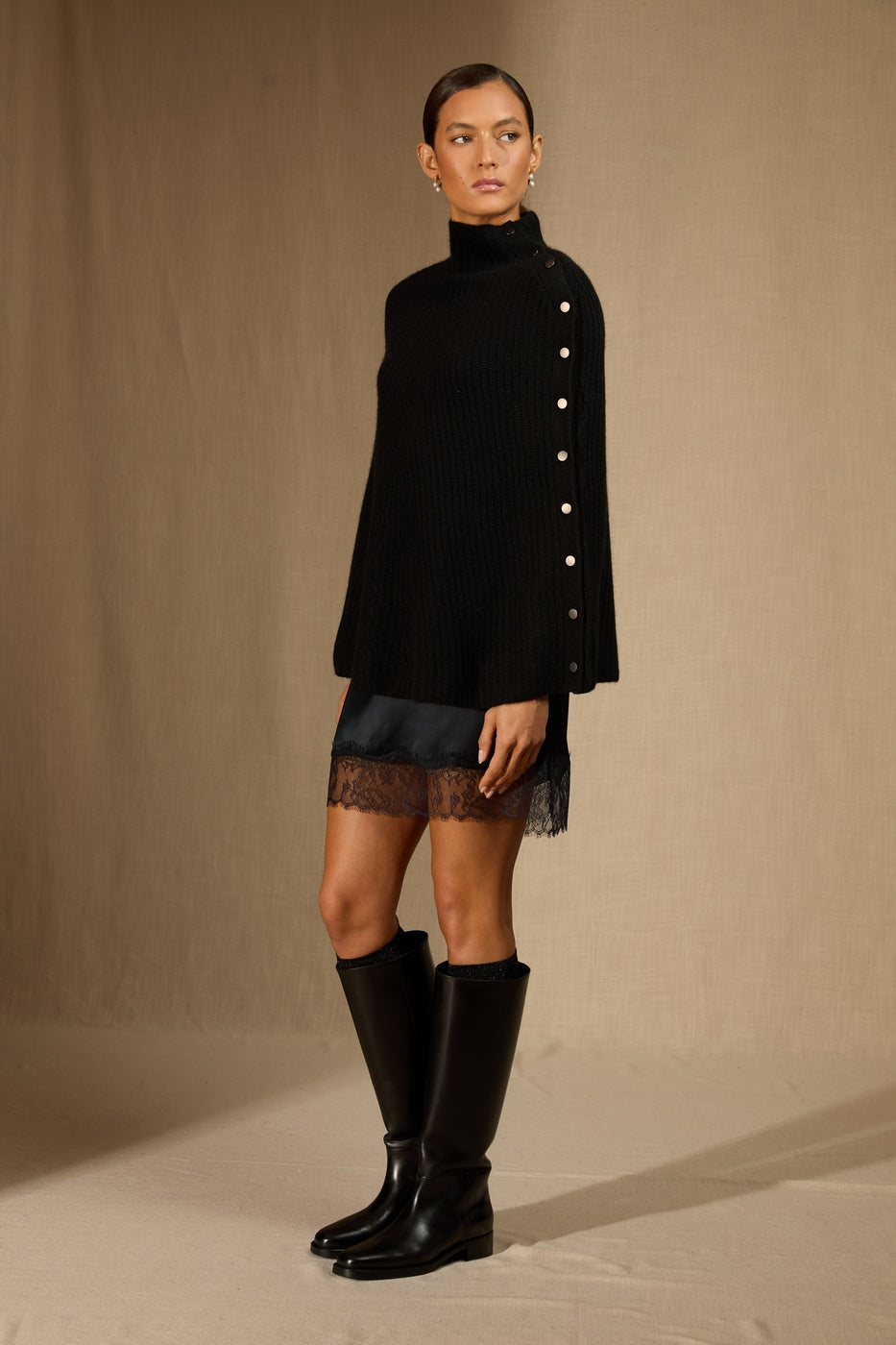 Poncho Col Montant 6 Fils - Karol - Noir