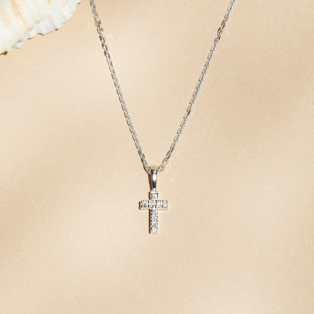 Pendentif "Mini Croix" Or Blanc Diamant : 0,02Ct/8 - Or Blanc