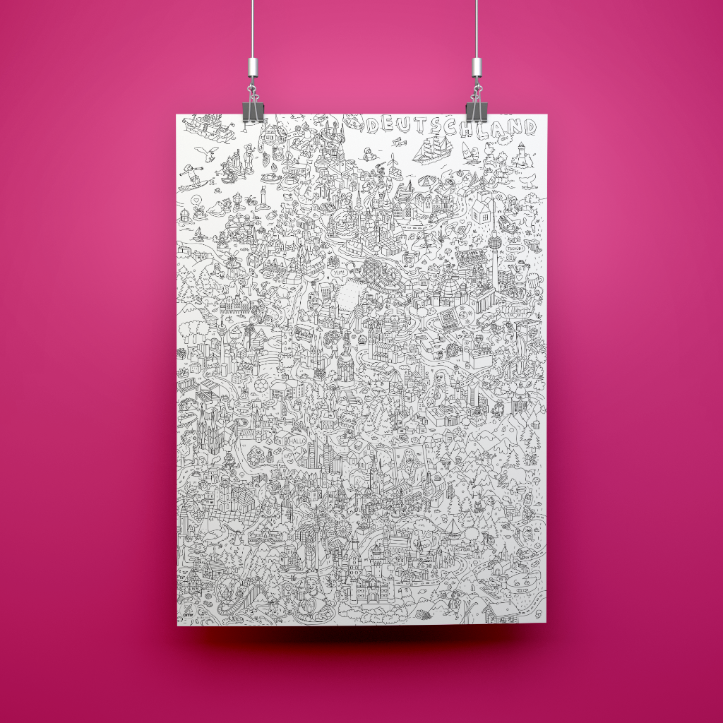 Poster à colorier sur l'Allemagne accroché au mur, design détaillé en noir et blanc