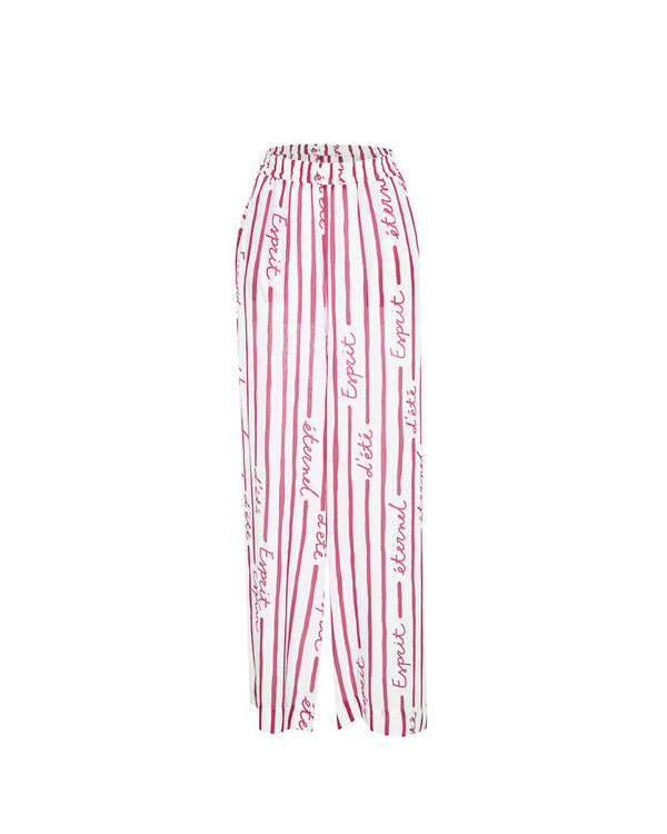 Pantalon June Rouge Framboise – Tatiane de Freitas – pantalon de plage avec une taille haute, jambes larges fluides, matière légère, poches, imprimé "Esprit d'été éternel", beachwear luxe femme Lyon