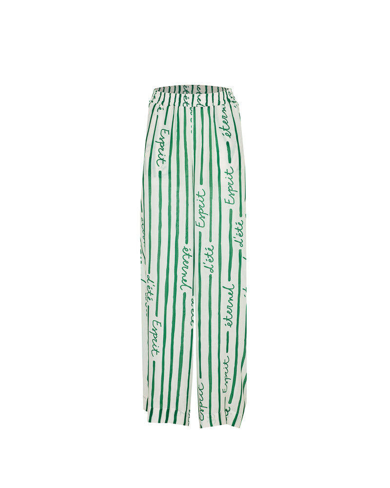 Pantalon June Vert Palmier – Tatiane de Freitas – pantalon de plage à taille haute,  jambes larges fluides, matière légère, poches, imprimé "Esprit d'été éternel", beachwear chic femme Lyon