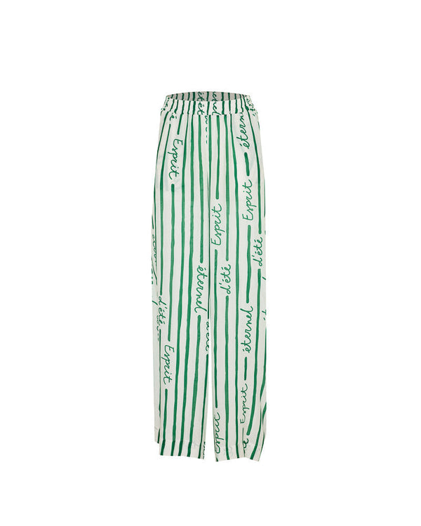 Pantalon June Vert Palmier – Tatiane de Freitas – pantalon de plage à taille haute,  jambes larges fluides, matière légère, poches, imprimé "Esprit d'été éternel", beachwear chic femme Lyon