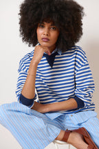 Pantalon coupe large avec élastique à la taille et rayures bleues et blanches et avec poches avant 100% coton Garance Paris 