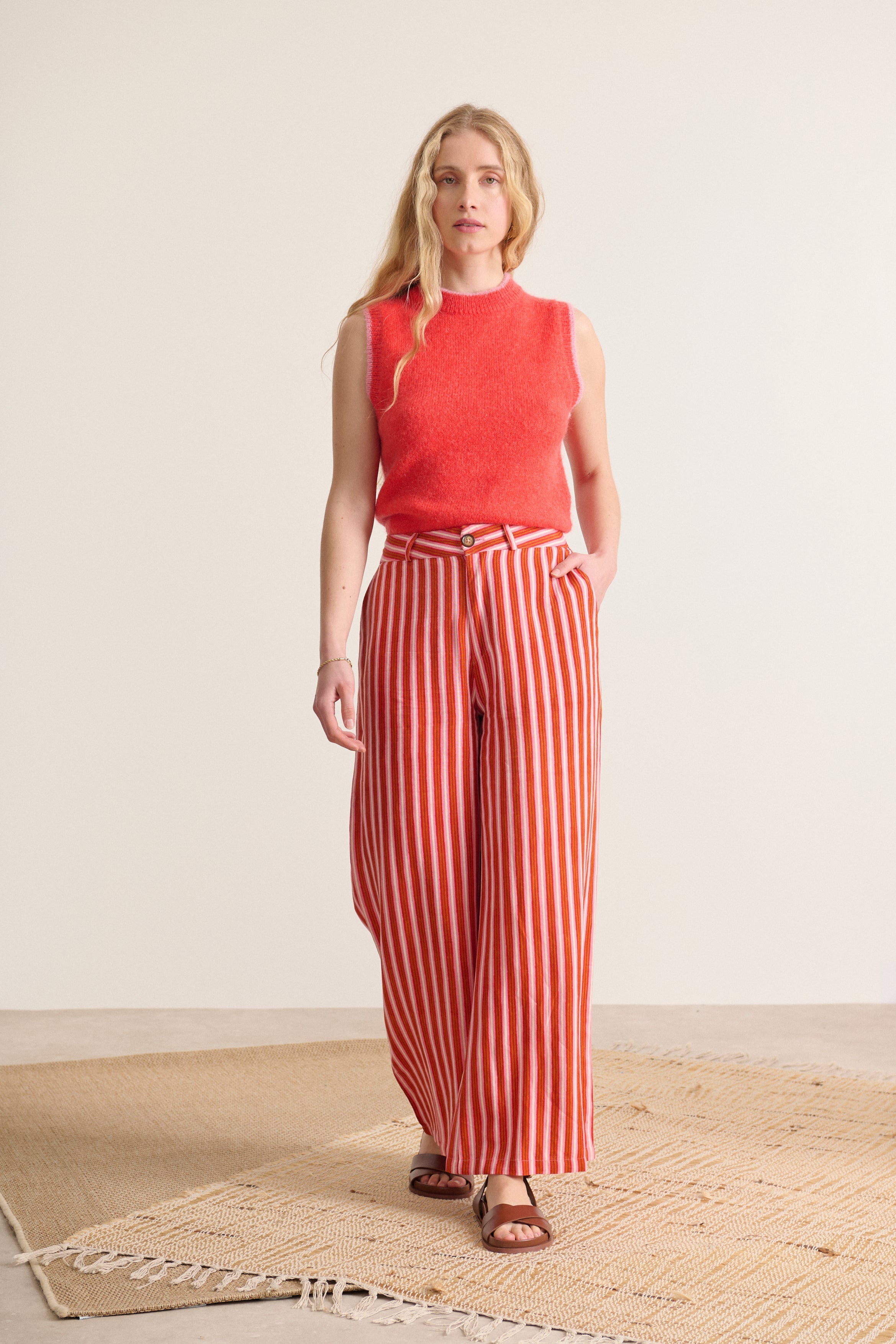 Pantalon fluide printemps été avec tissu à rayures jambes larges poches avant pinces au dos 