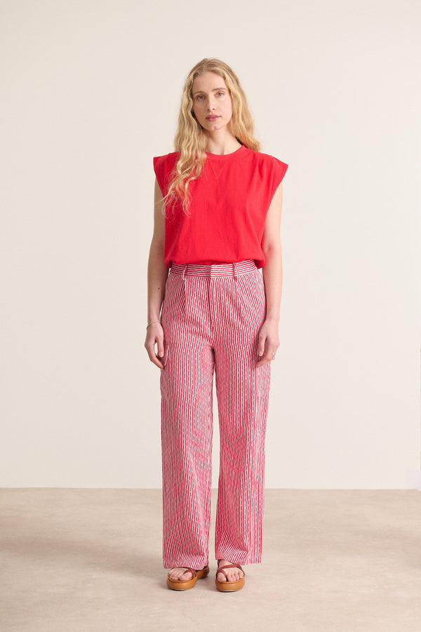 Pantalon cargo à tissu jacquard avec rayures et pois coloris rouge coupe droite Garance Paris 