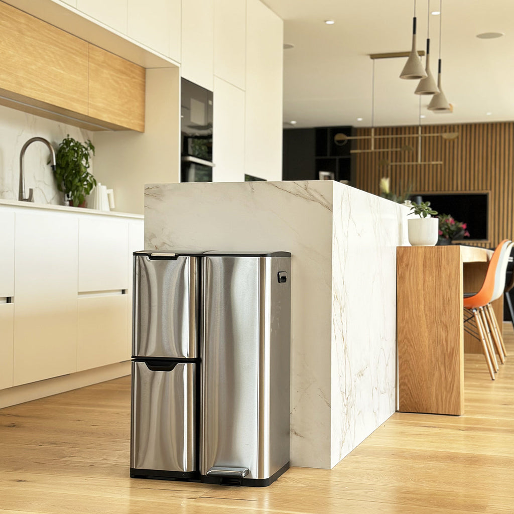 Poubelle de cuisine à pédale tri sélectif recyclage 60L(13+17+30L) HAJA en acier Inox avec seau