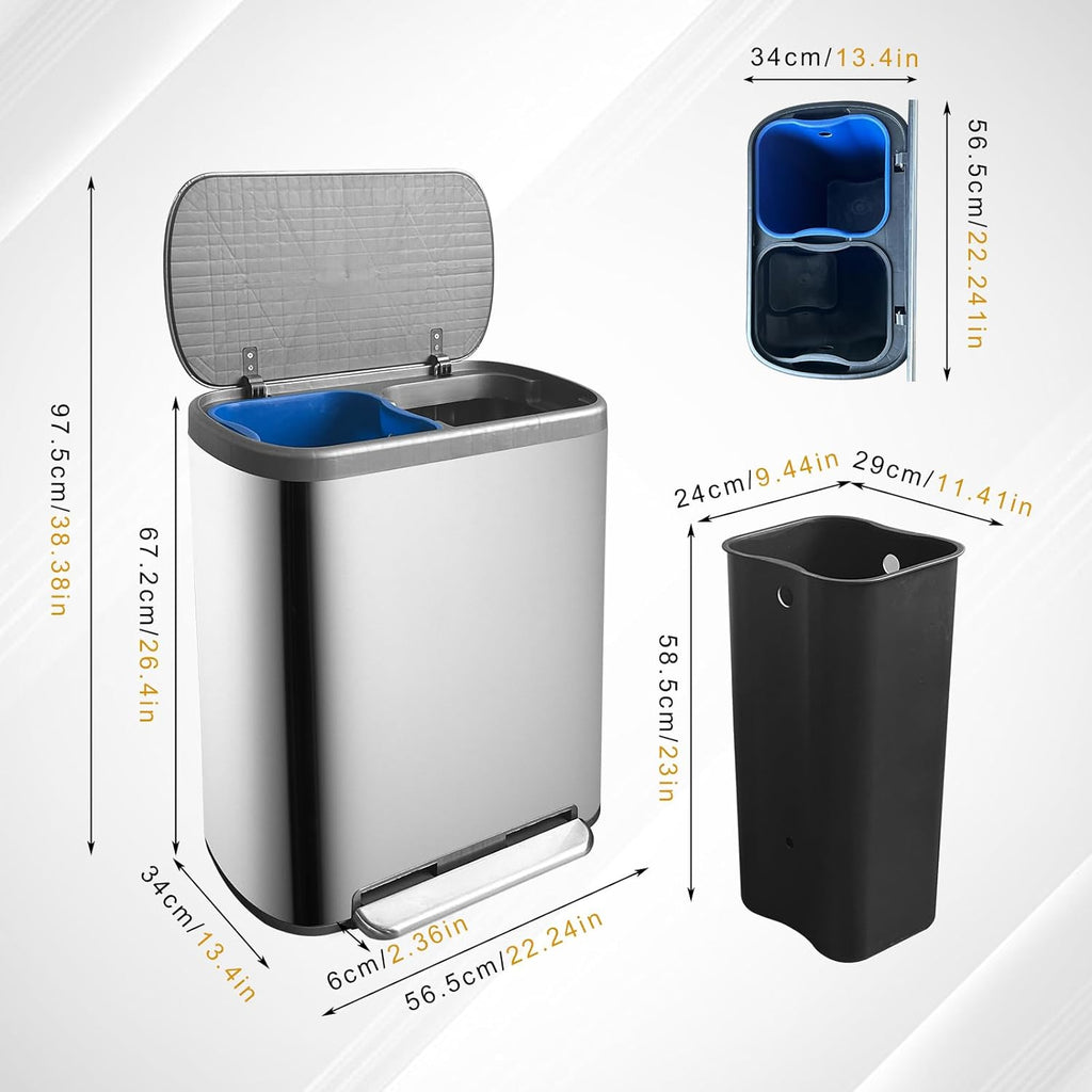 Poubelle De Tri Inox Empire - 60L - 2Bacs - Argent
