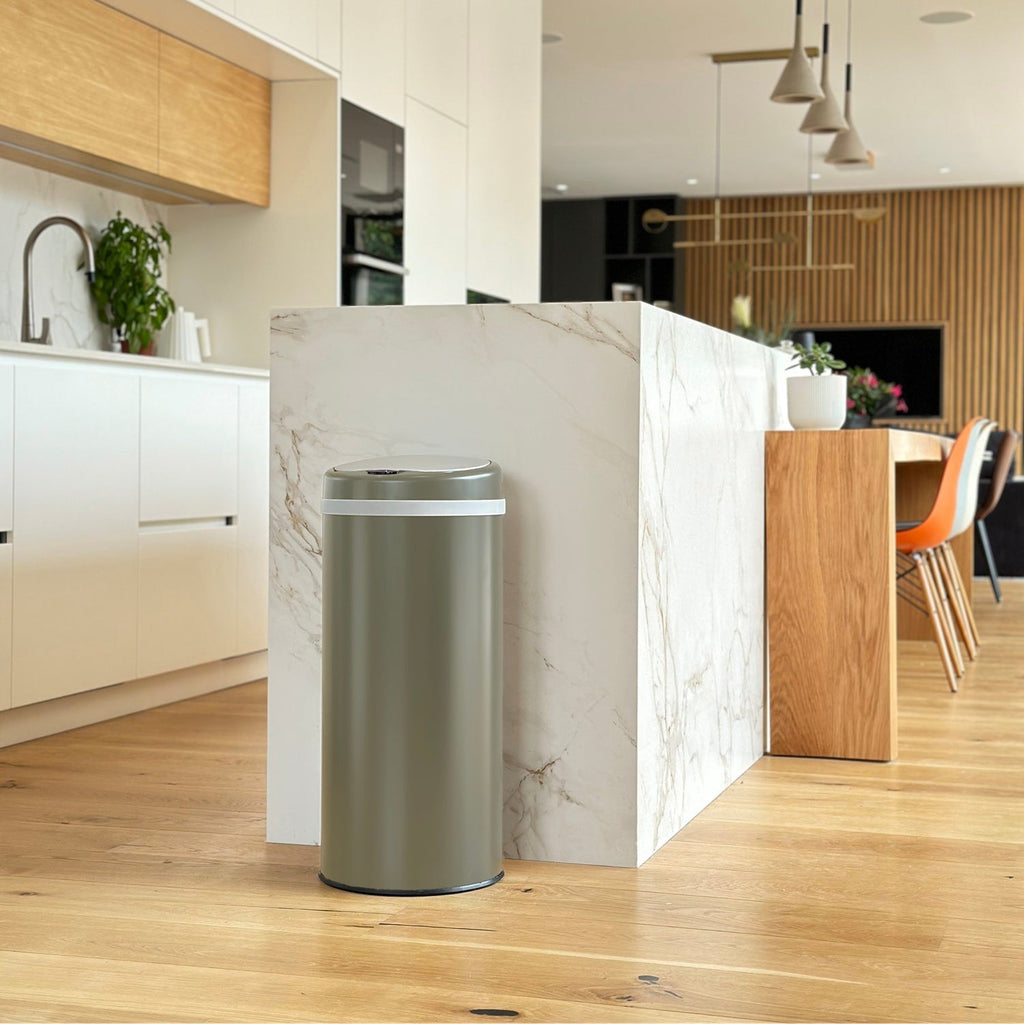 Poubelle de cuisine automatique 42L SOHO Taupe mat en acier INOX avec cerclage