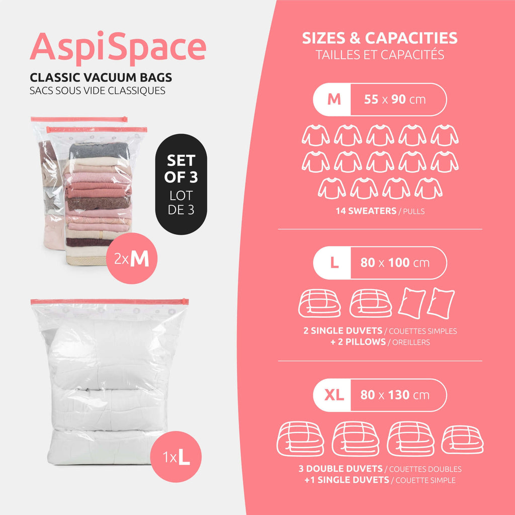 Lot 3 Sacs Rangement Sous Vide Aspispace M+L