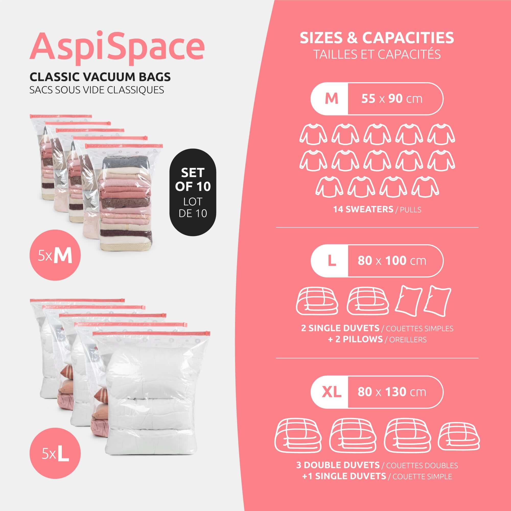 Lot De 10 Sacs De Rangement Sous Vide 5 M + 5 L Aspispace