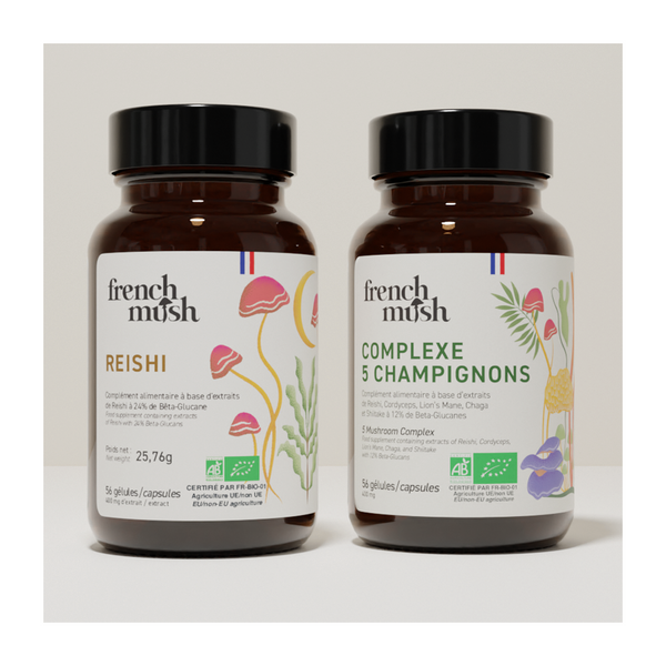 French Mush compléments alimentaires à base d'extraits de champignons médicinaux biologiques fabriqués en France Complexe Champignons 5 - Reishi Bio - gélules -