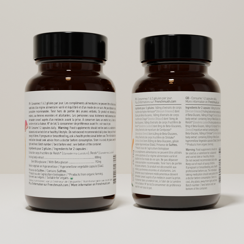 French Mush compléments alimentaires à base d'extraits de champignons médicinaux biologiques fabriqués en France Complexe Champignons 5 - Reishi Bio - gélules -