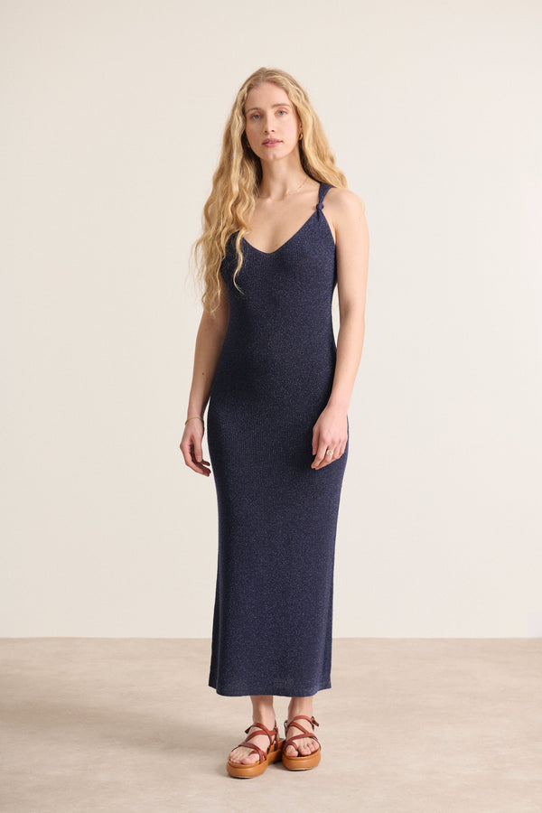 Robe en fines mailles à liserés pailletés sans manches à nœud sur les bretelles coloris marine 