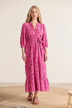 Robe longue colorée rose à encolure en V et manches 3/4 avec ceinture amovible collection printemps été femme 