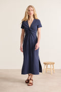 Robe midi avec nœud à l'avant encolure V manches courtes coupe près du corps avec fentes sur les cotés coloris marine
