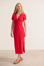 Robe midi avec nœud à l'avant avec manches courtes couleur rouge vif avec décolleté en V coupe près du corps et fentes 