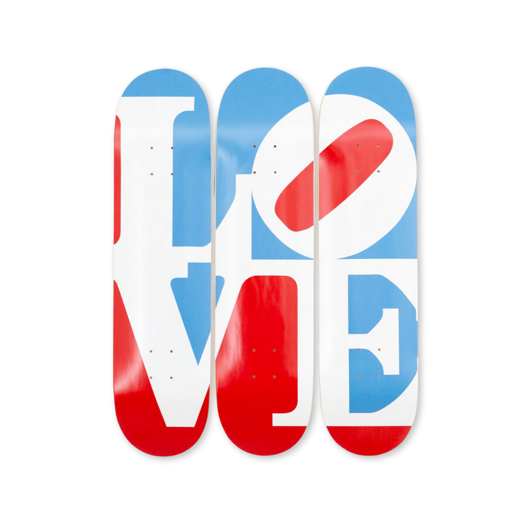 Robert Indiana's Great American Love skateboard art by the skateroom