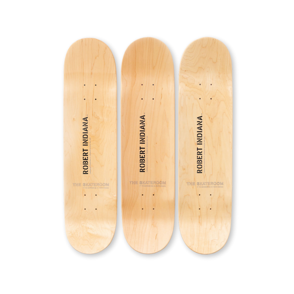 Robert Indiana's Great American Love skateboard art by the skateroom
