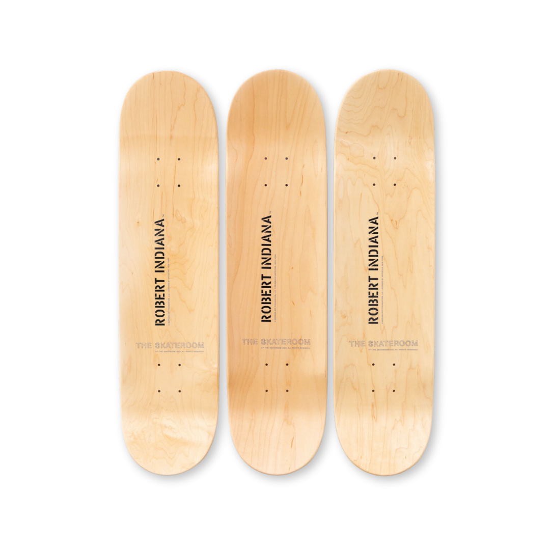 Robert Indiana's Great American Love skateboard art by the skateroom