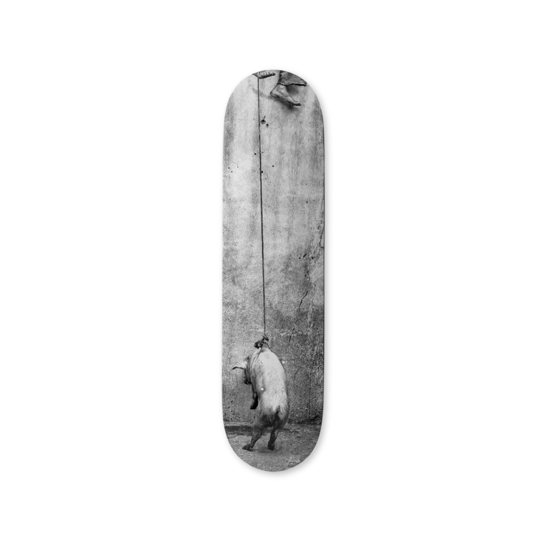 Roger Ballen's Hanging Pig skateboard art by the skateroom