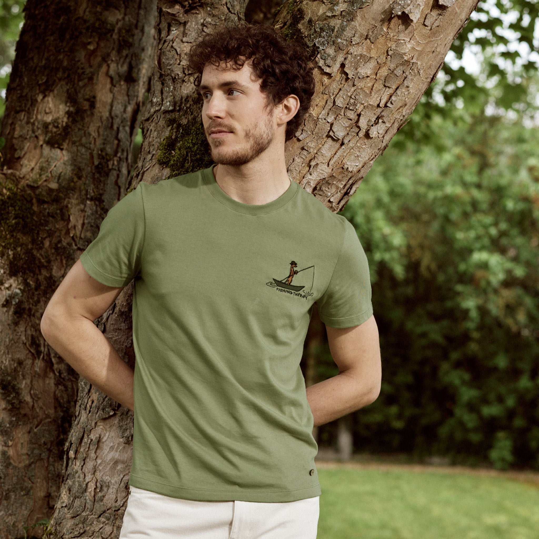 T-Shirt Vert Olive Broderie Sans Pression Arcy - Homme