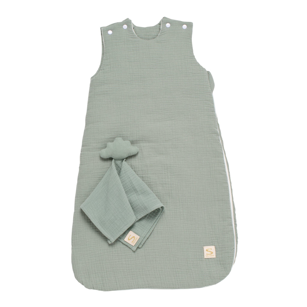 Gigoteuse Bébé Hiver En Double Gaze De Coton Et Son Doudou Mouchoir - Vert