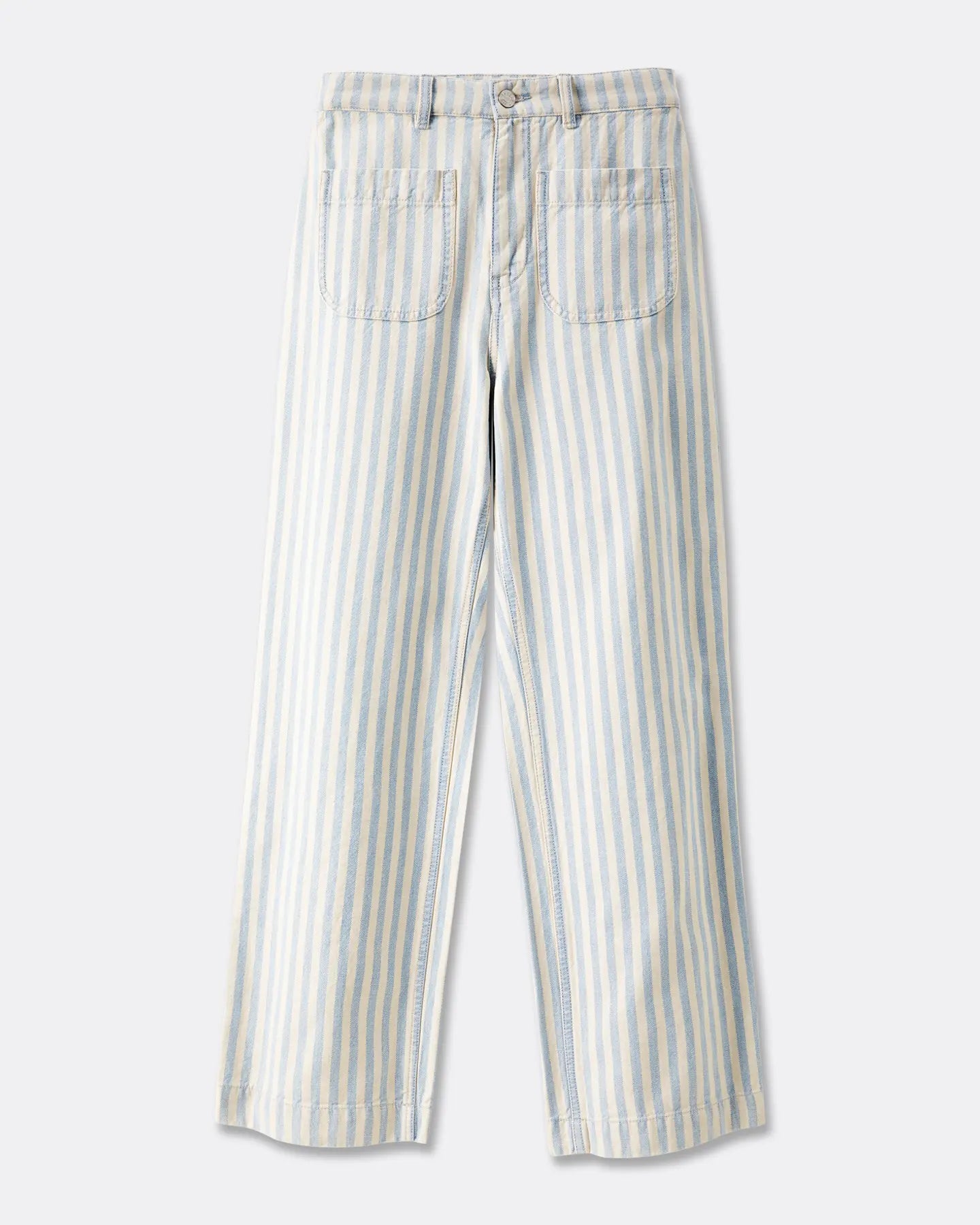 Jean femme en denim rayé bleu et blanc, coupe droite ample avec taille haute, confectionné en coton léger idéal pour une tenue d'été confortable.