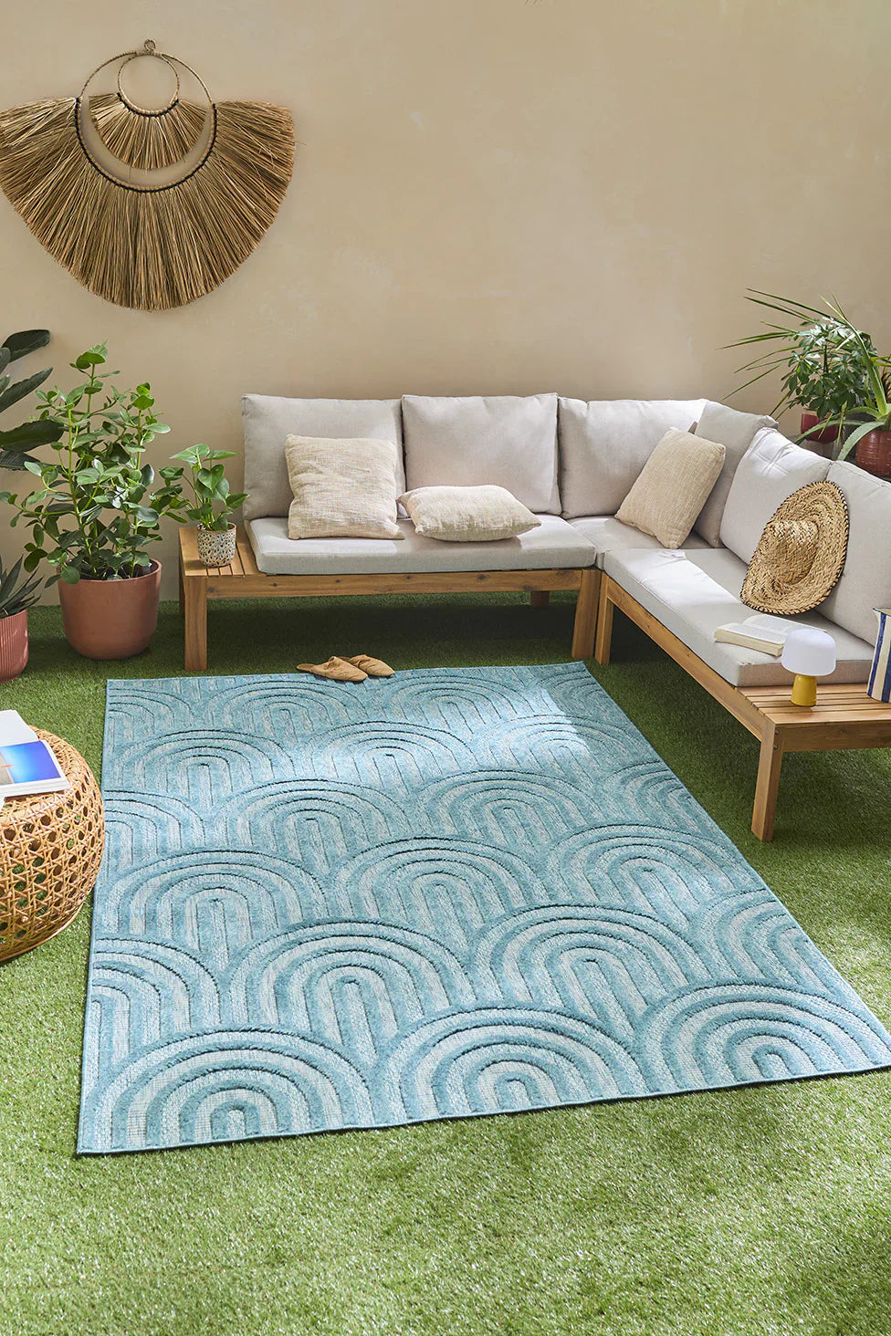 Tapis Santorini 985 - Motif Graphique - Turquoise - Intérieur / Extérieur