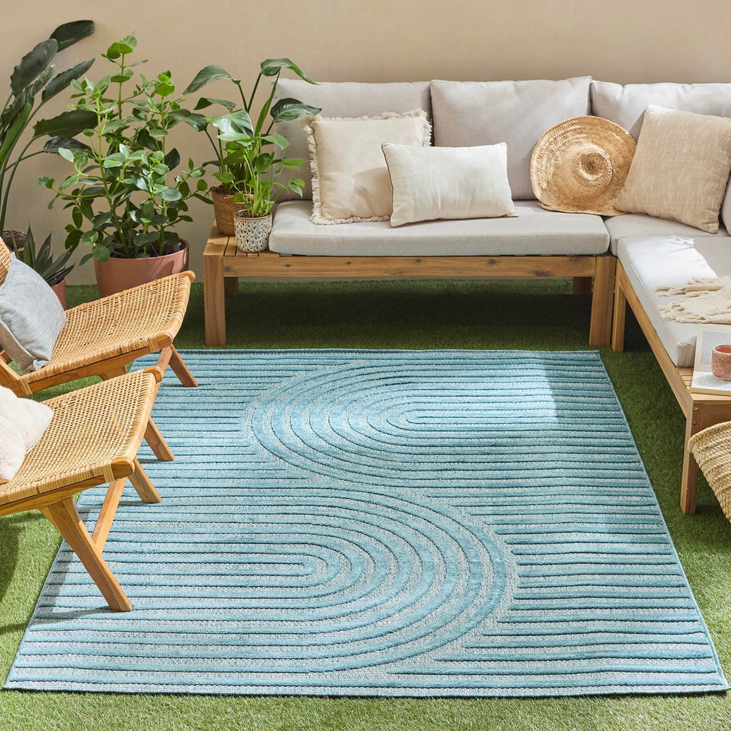 Tapis Santorini 986 - Motif Graphique - Turquoise - Intérieur / Extérieur