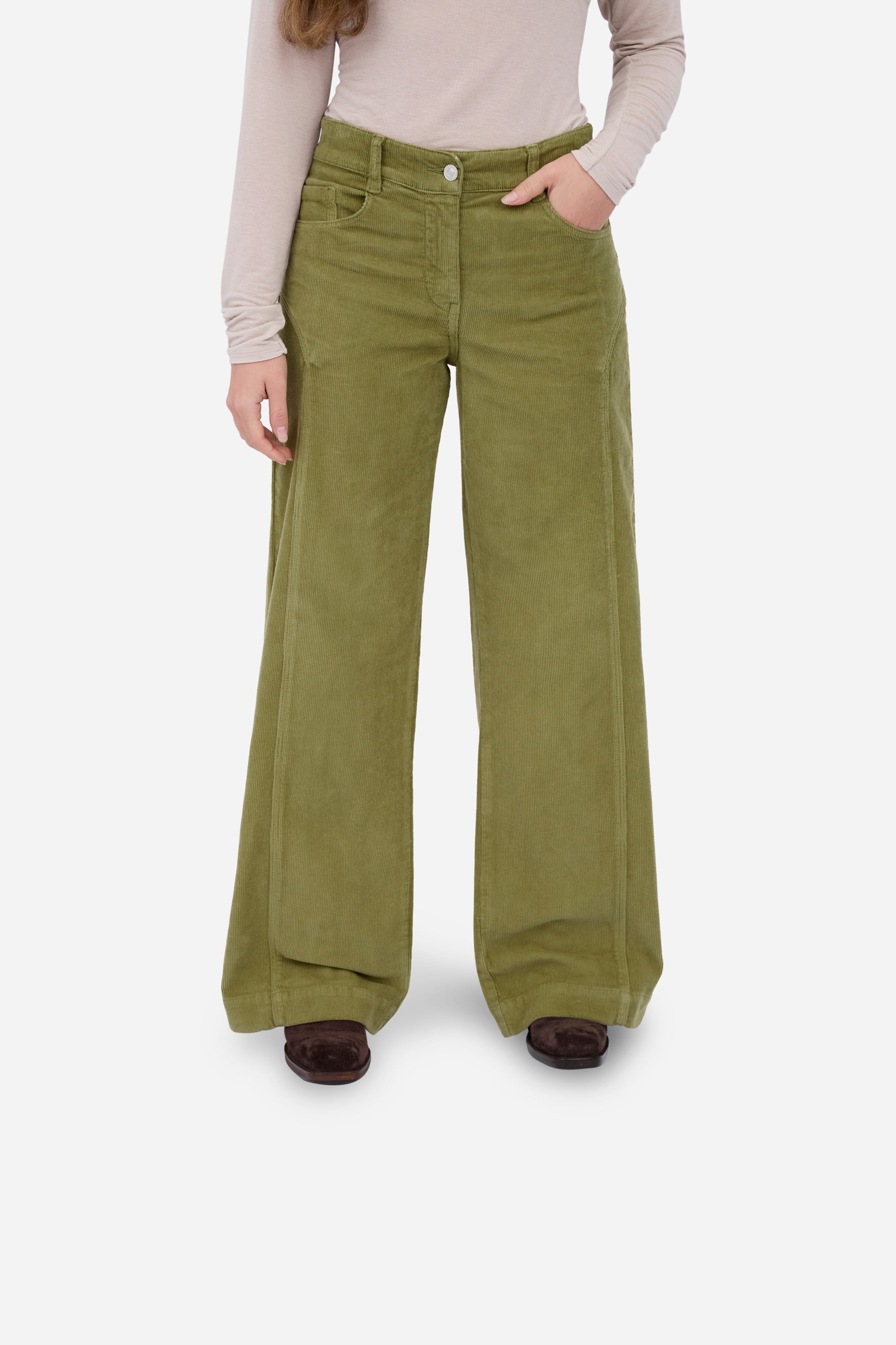 Pantalon Droit En Velours Côtelé Vert