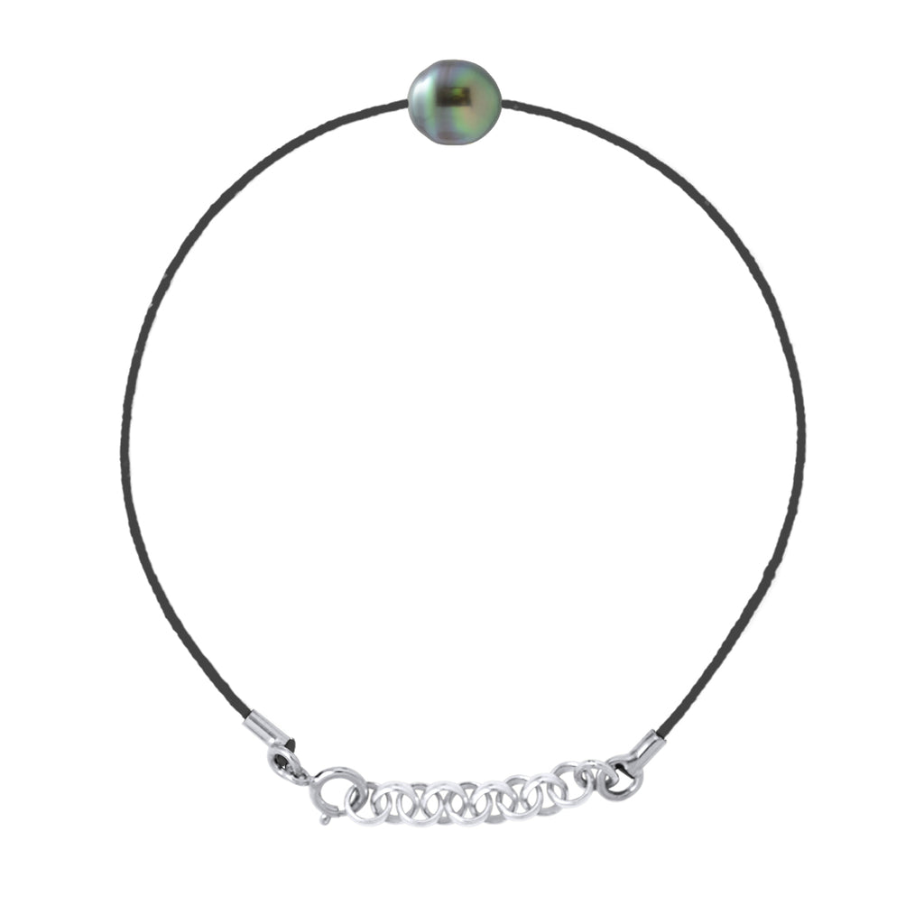 Bracelet Lien Cordon Noir Perle De Tahiti Cerclée 8-9 Mm - Argent 925 - Inanahi
