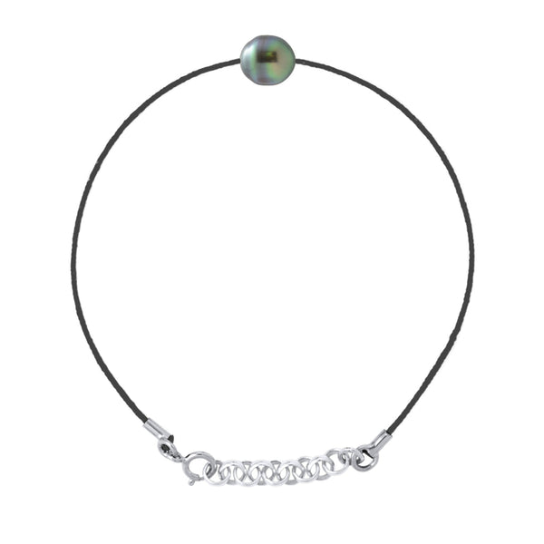 Bracelet Lien Cordon Noir Perle De Tahiti Cerclée 8-9 Mm - Argent 925 - Inanahi