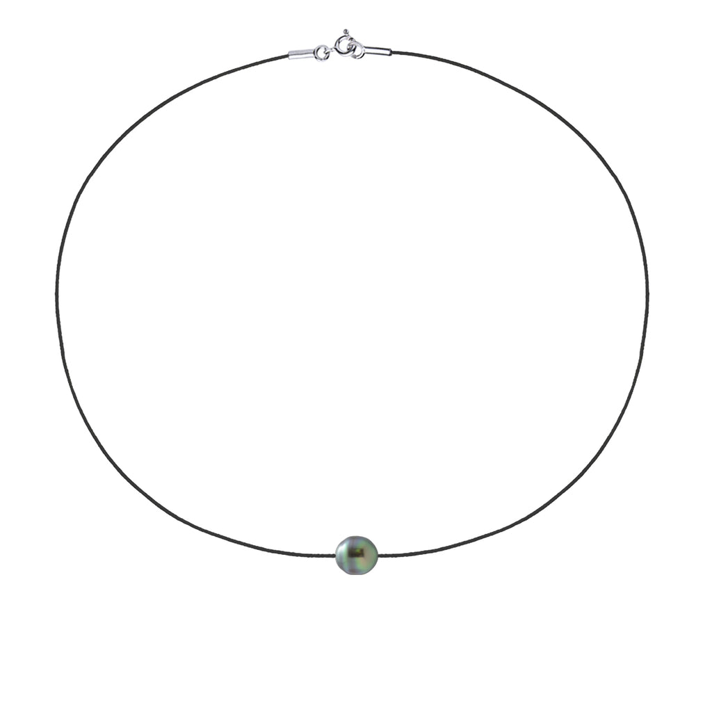 Collier Lien Cordon Noir Perle De Tahiti Cerclée 9-10 Mm - Argent 925 - Inanahi