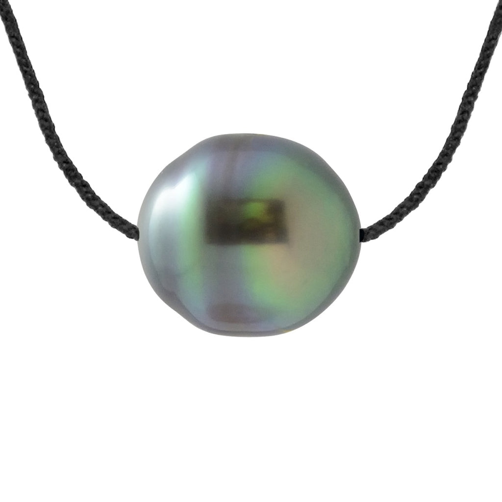 Collier Lien Cordon Noir Perle De Tahiti Cerclée 9-10 Mm - Argent 925 - Inanahi