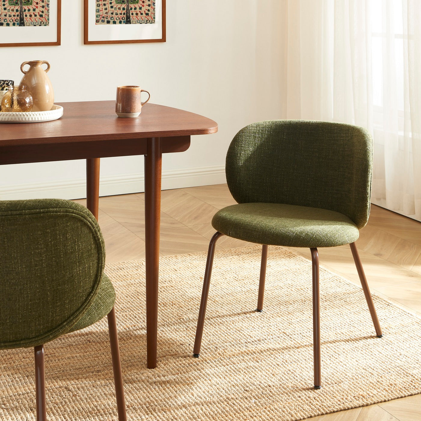 Serena - Chaises - Tissu Chenille - Vert Et Pieds Métal Marron