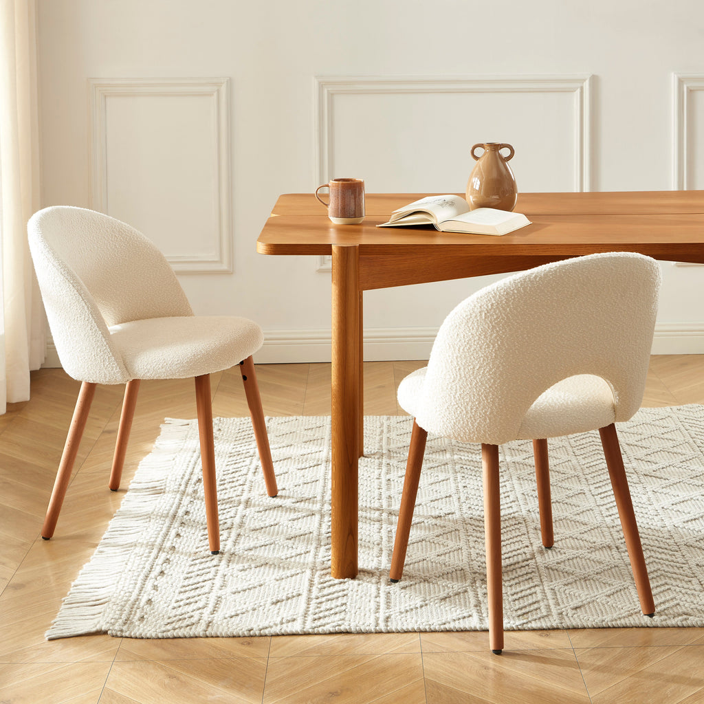 Lot De 2 Chaises Simone - Tissu Bouclette Blanc Cassé Pieds Bois Teinté Noyer