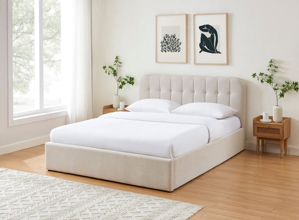 Lit Coffre Andre - Velour Beige Sable - Sommier Inclus