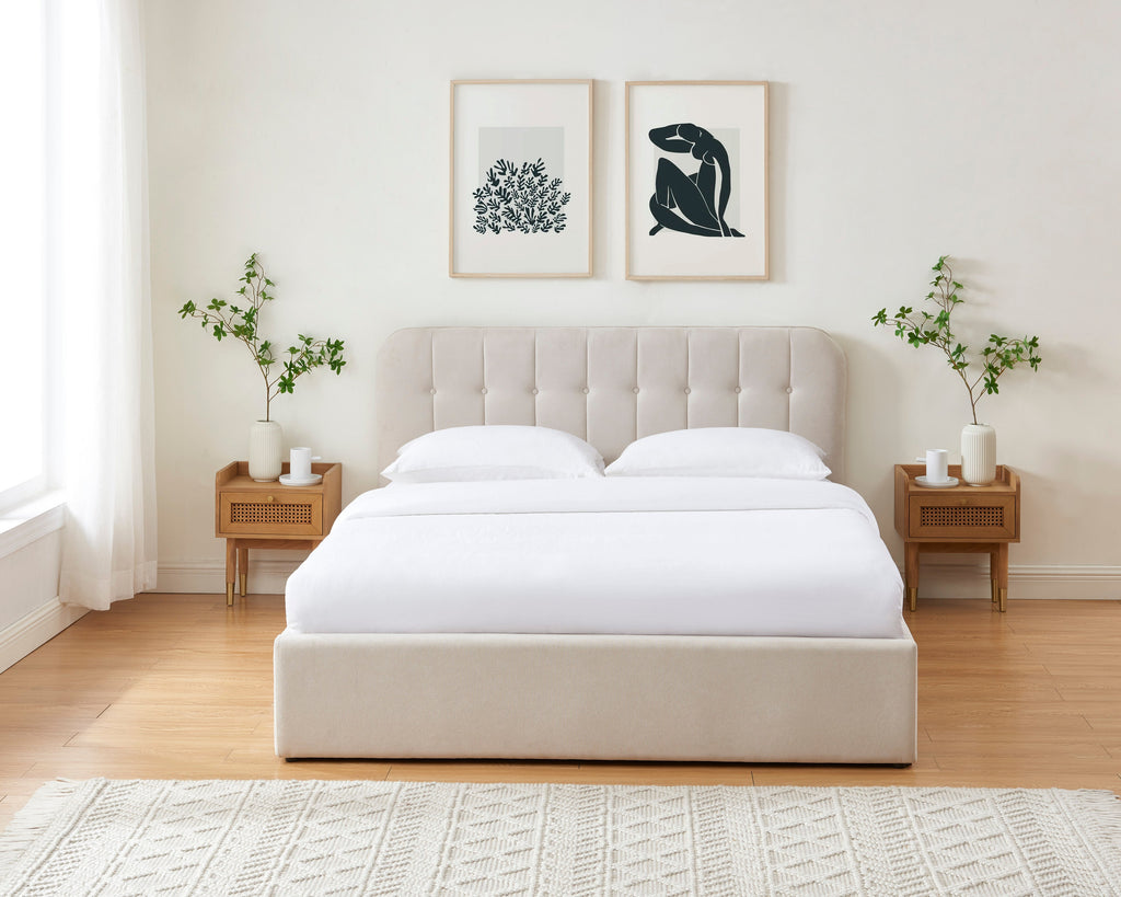 Lit Coffre Andre - Velour Beige Sable - Sommier Inclus