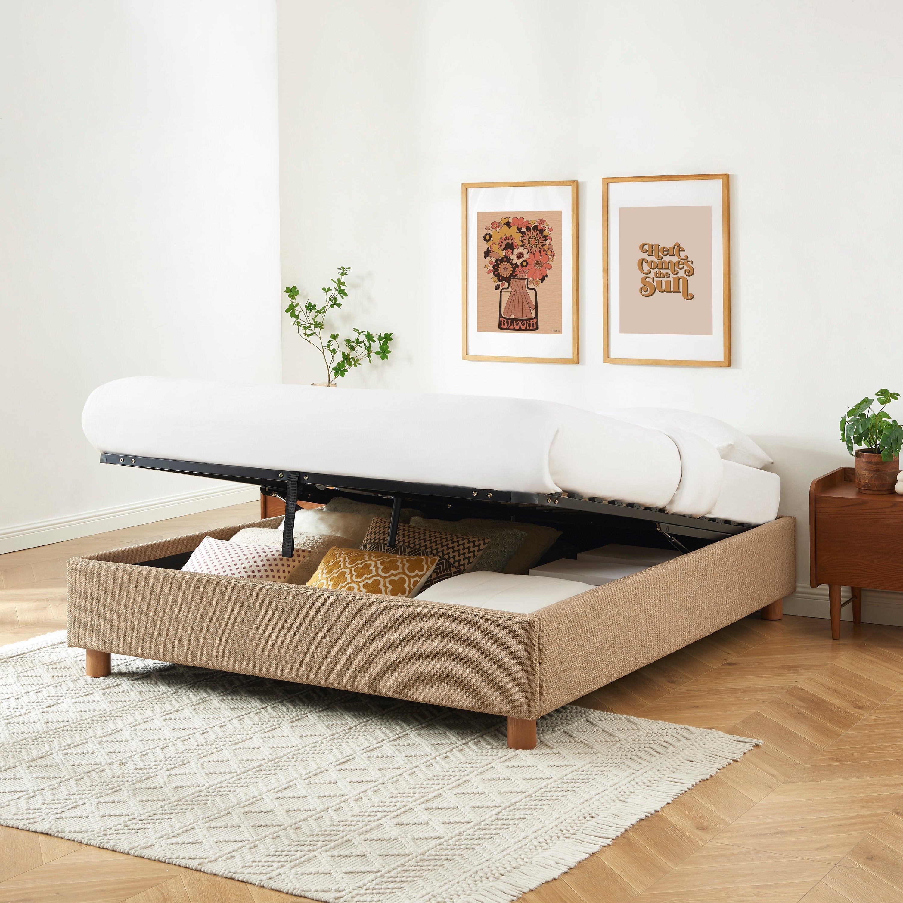 Lit Coffre Korall - Tissu Tweed Taupe - Sommier Inclus