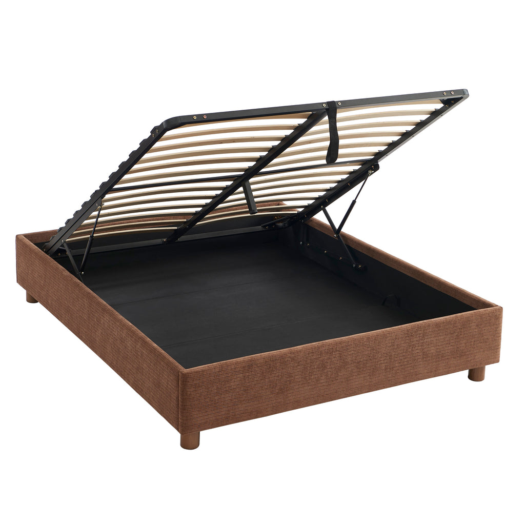 Lit Coffre Korall - Velours Côtelé Rétro Marron - Sommier Inclus