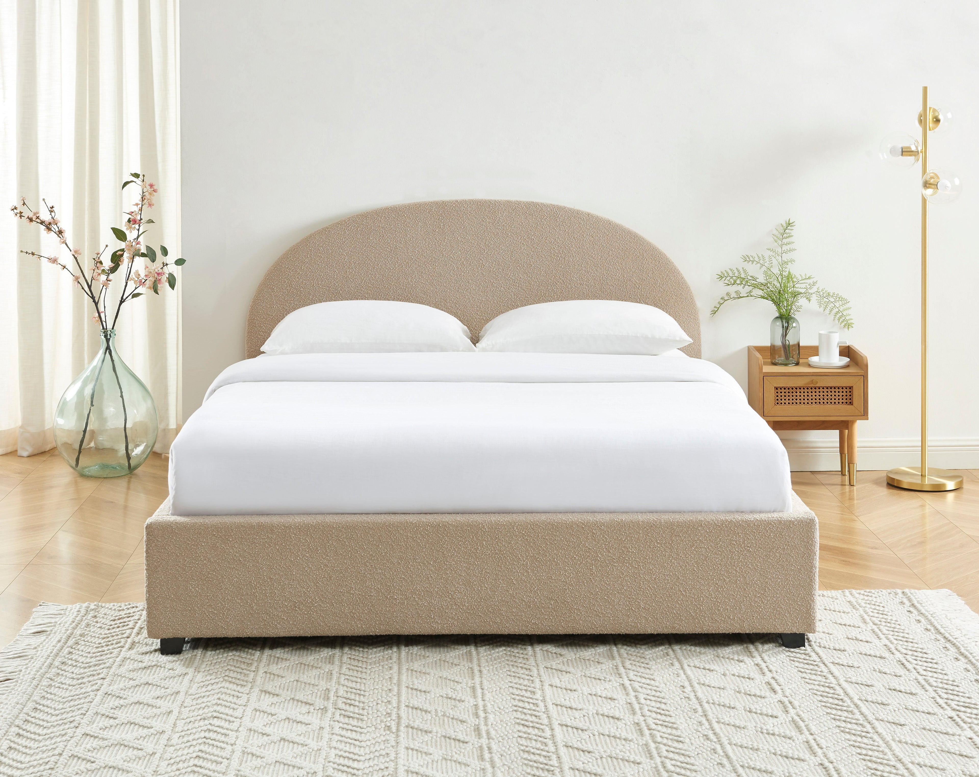 Lit Coffre Olaf - Tissu Bouclette Beige - Sommier Inclus