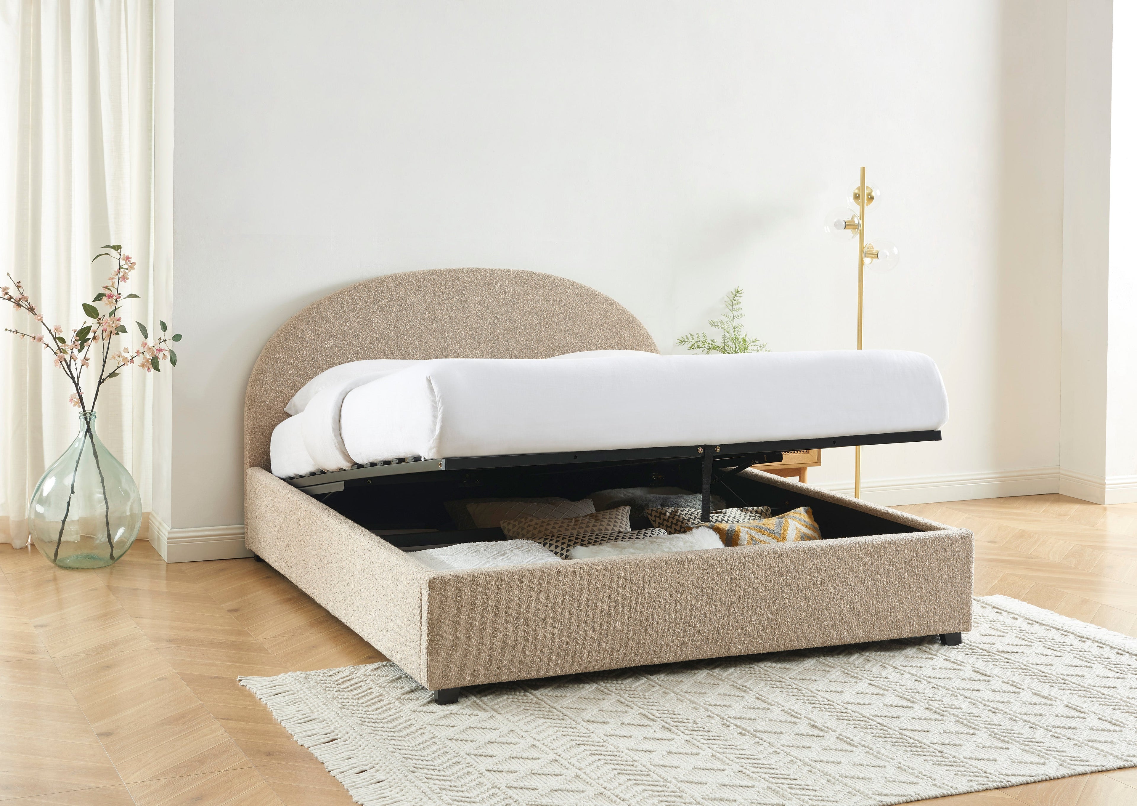 Lit Coffre Olaf - Tissu Bouclette Beige - Sommier Inclus