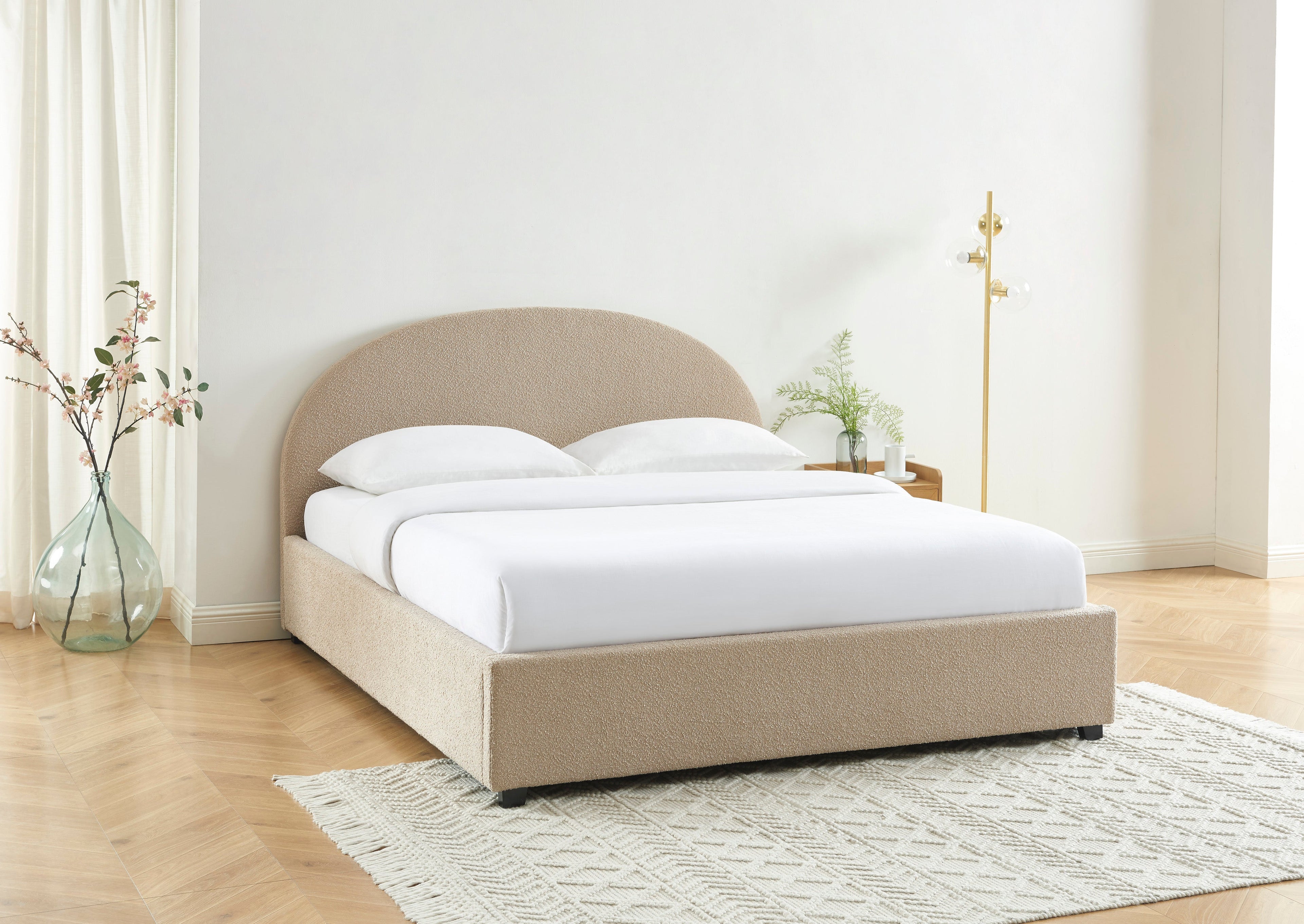 Lit Coffre Olaf - Tissu Bouclette Beige - Sommier Inclus