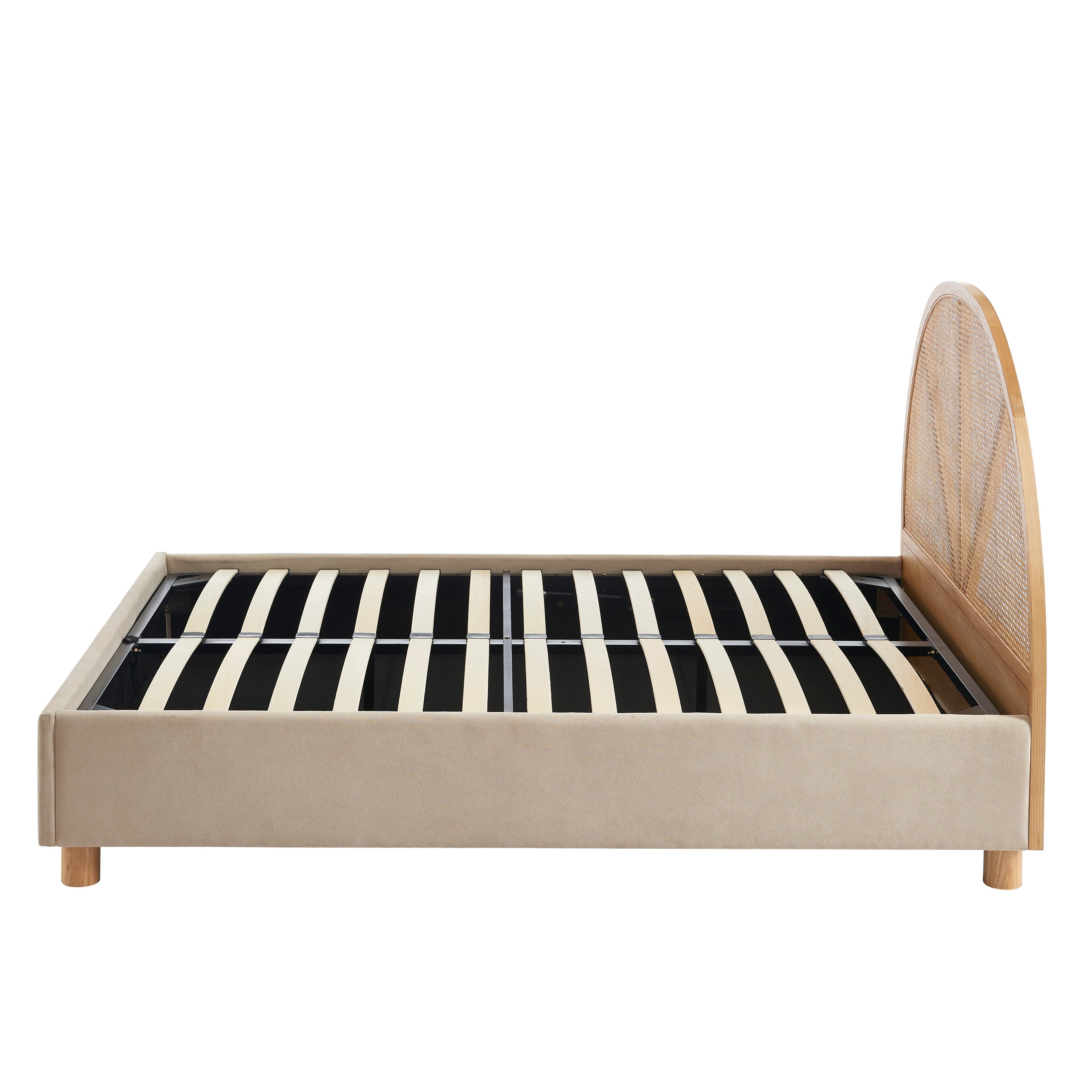 Lit Coffre Tsuki - Velours Beige Sable Cannage Sommier - Sommier Inclus