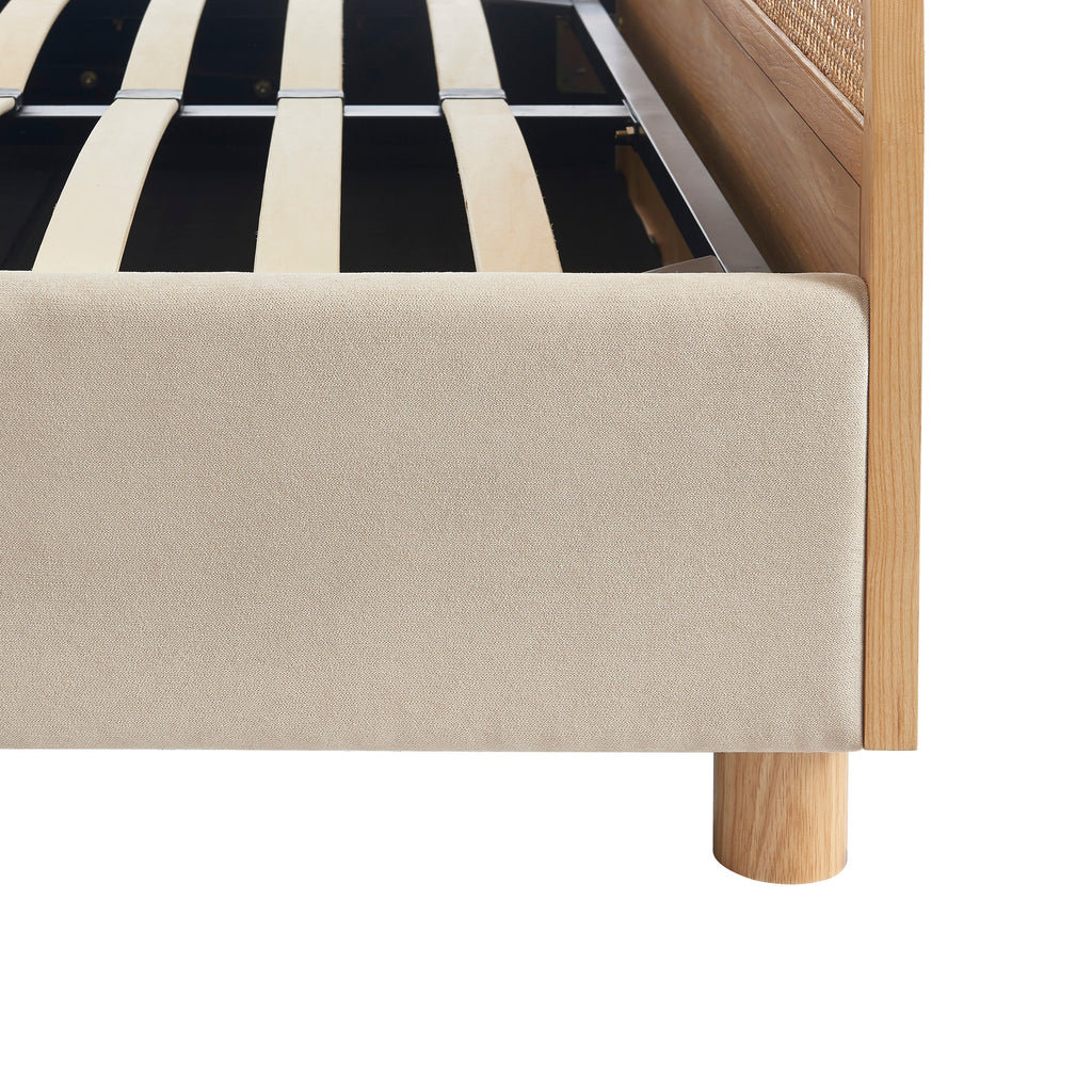 Lit Coffre Tsuki - Velours Beige Sable Cannage Sommier - Sommier Inclus
