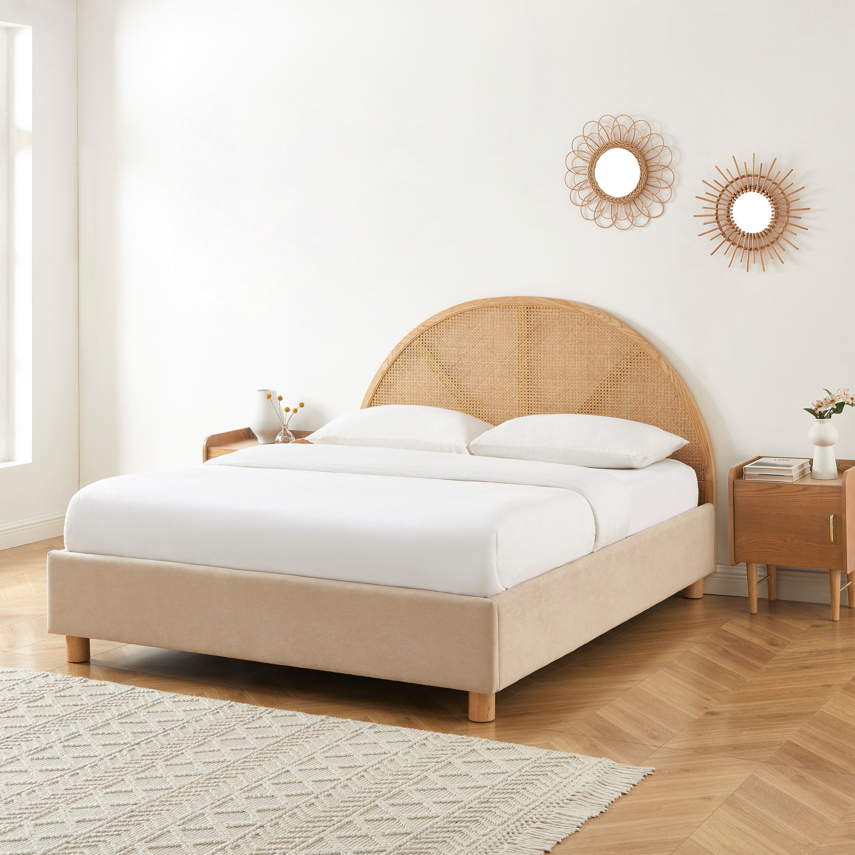 Lit Coffre Tsuki - Velours Beige Sable Cannage Sommier - Sommier Inclus