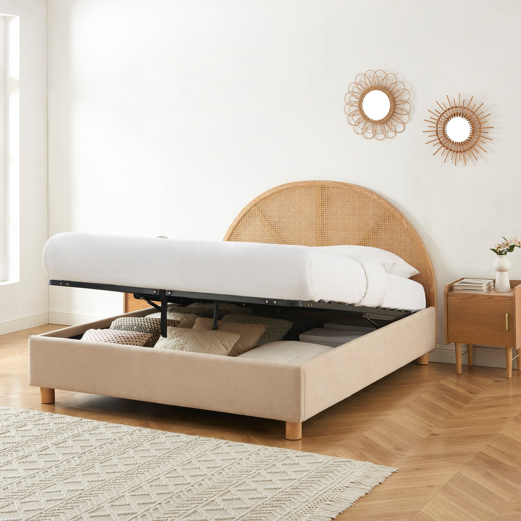 Lit Coffre Tsuki - Velours Beige Sable Cannage Sommier - Sommier Inclus