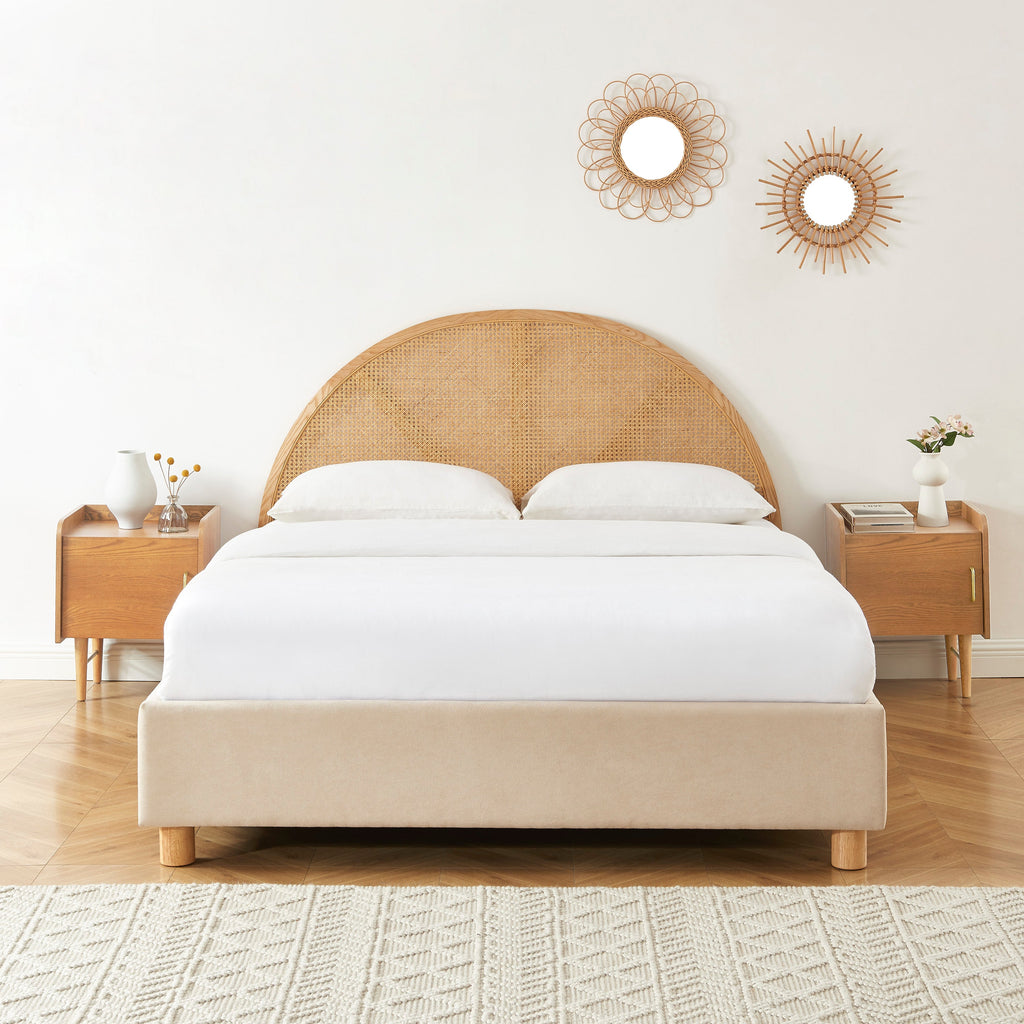 Lit Coffre Tsuki - Velours Beige Sable Cannage Sommier - Sommier Inclus